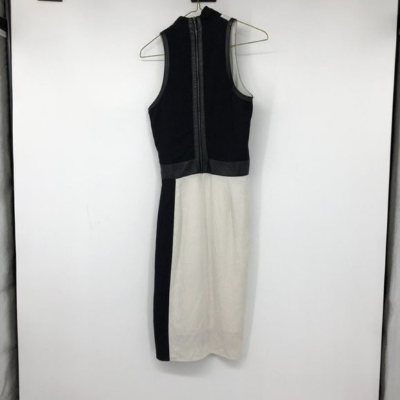 HELMUT LANG TWISTED DRAPE GRAINED VISCOSE LEATHER  TRIM DRESS Black White - Picture 4 of 16